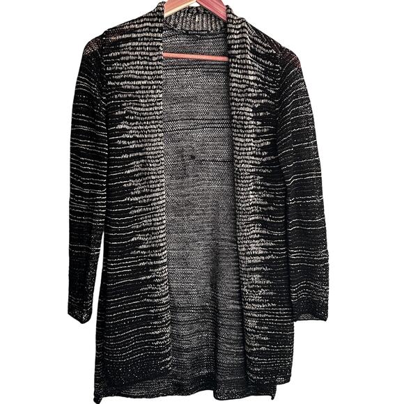 Eileen Fisher Wool Linen Cardigan S Black Cream White Open Knit Sweater Capsule - Picture 1 of 6